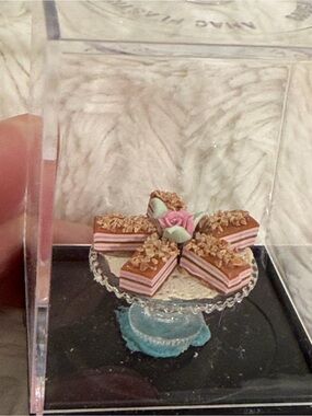Miniature Layered Cake Slices with Pink Rose in Case